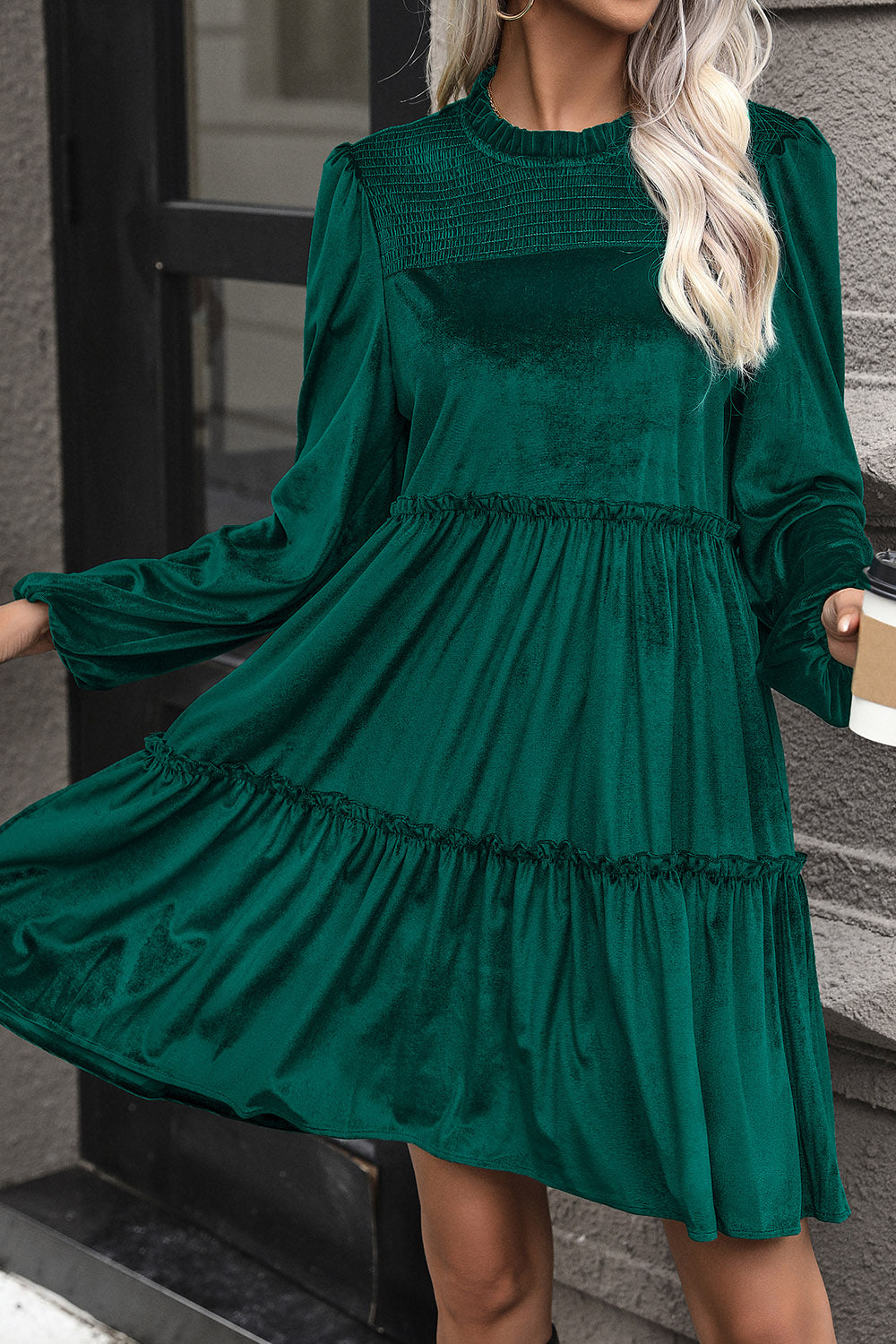 Smocked Balloon Sleeve Frill Trim Tiered Dress-Angel Casuals
