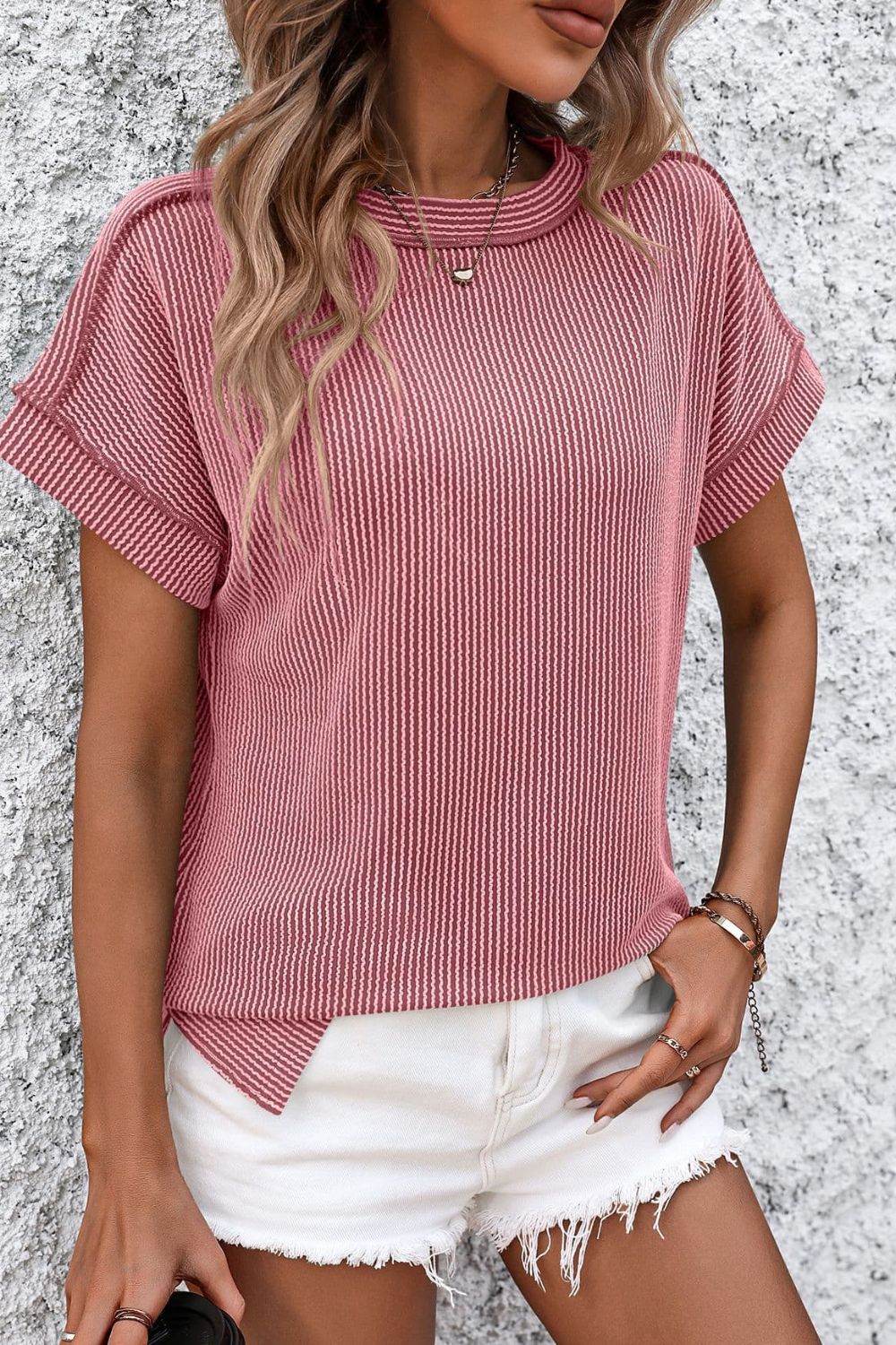 Striped Round Neck Short Sleeve T-Shirt-Angel Casuals