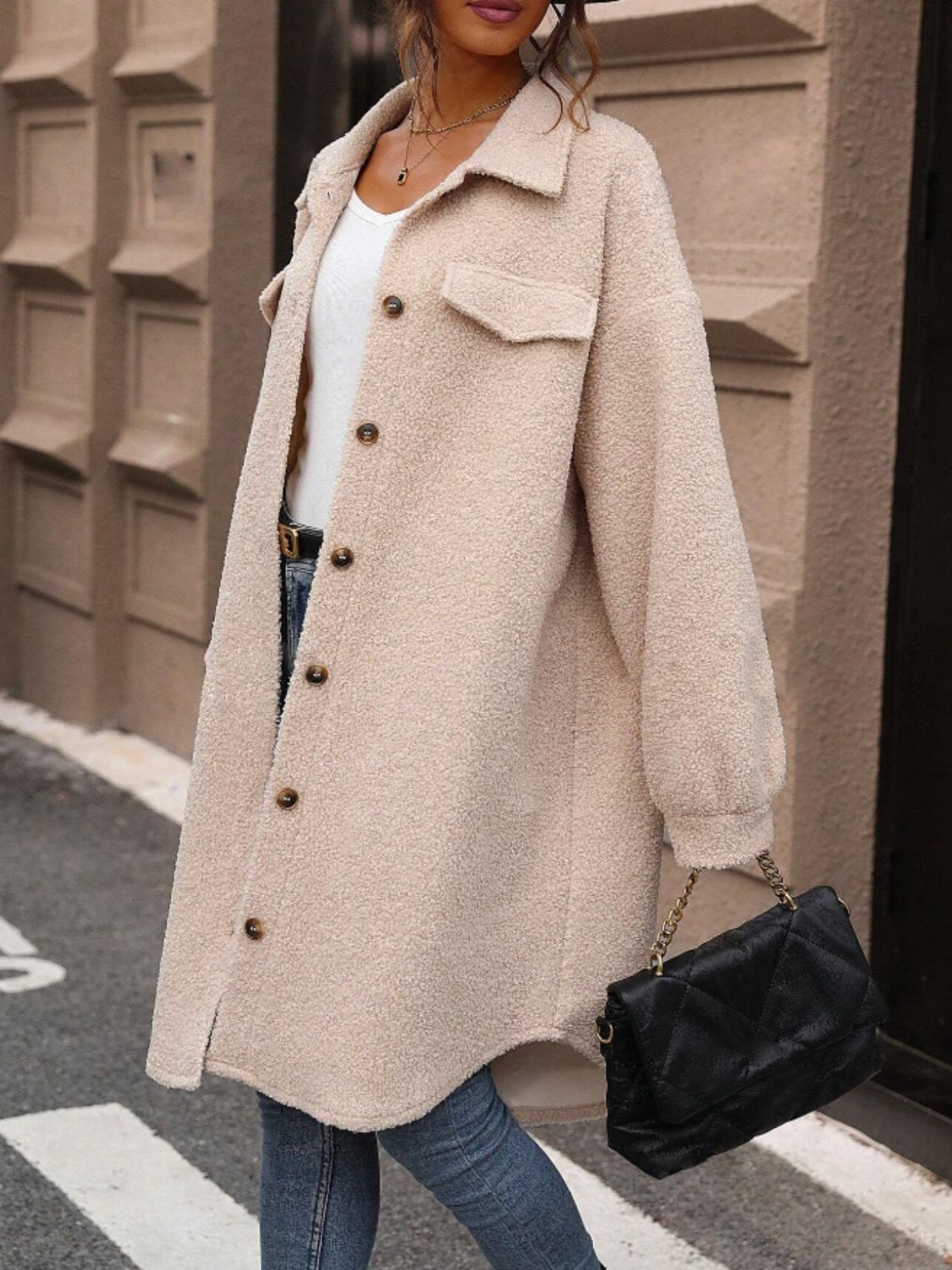 Button Up Drop Shoulder Sherpa Coat-Angel Casuals