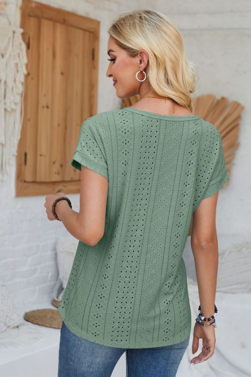 Eyelet Round Neck Rolled Short Sleeve T-Shirt-Angel Casuals