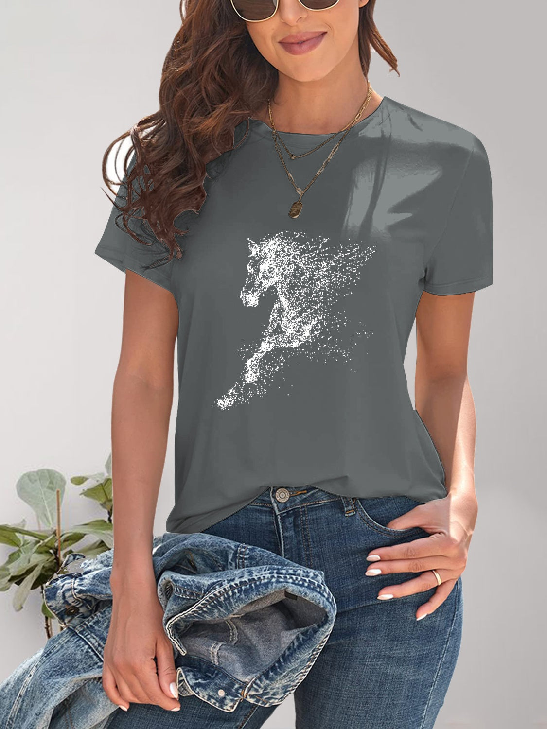 Horse Round Neck Short Sleeve T-Shirt-Angel Casuals