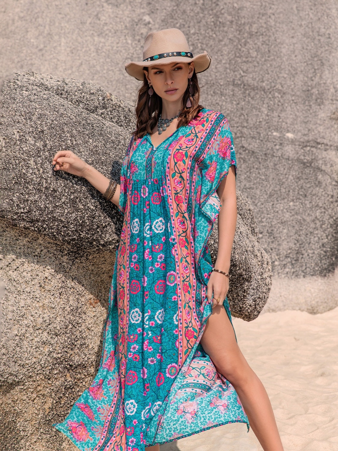 Printed Tie Neck Short Sleeve Dress-Angel Casuals