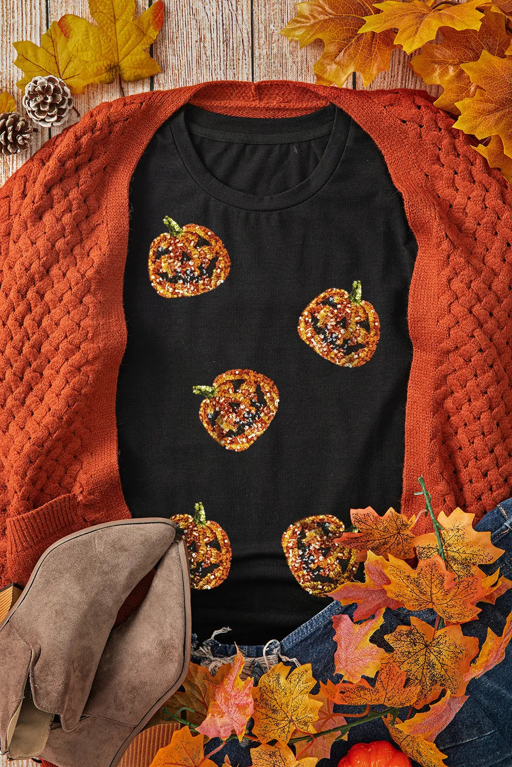 Sequin Pumpkin Round Neck Short Sleeve T-Shirt-Angel Casuals