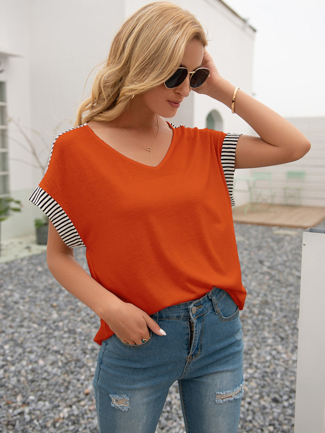 Striped V-Neck Short Sleeve T-Shirt-Angel Casuals