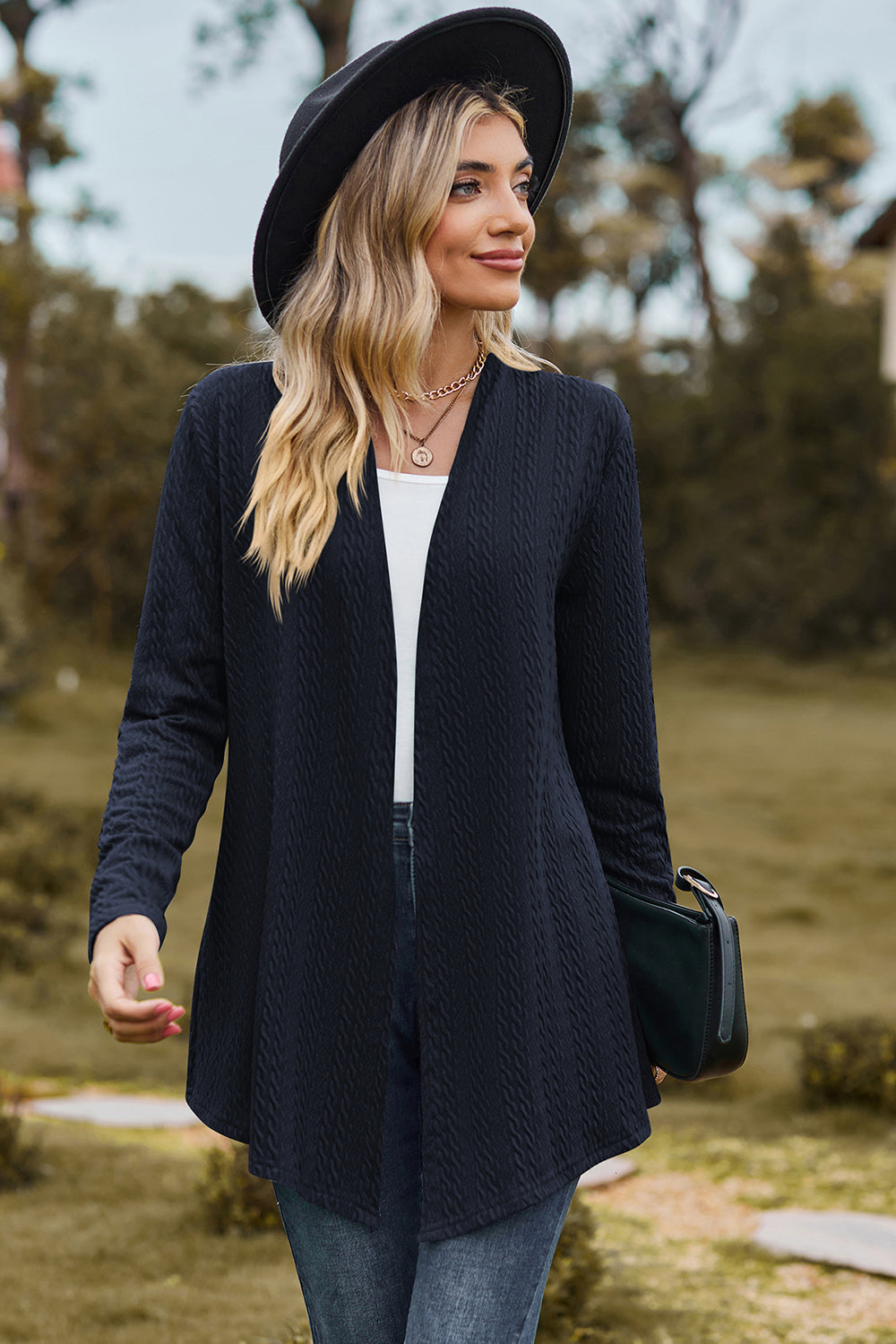Textured Open Front Long Sleeve Cardigan-Angel Casuals