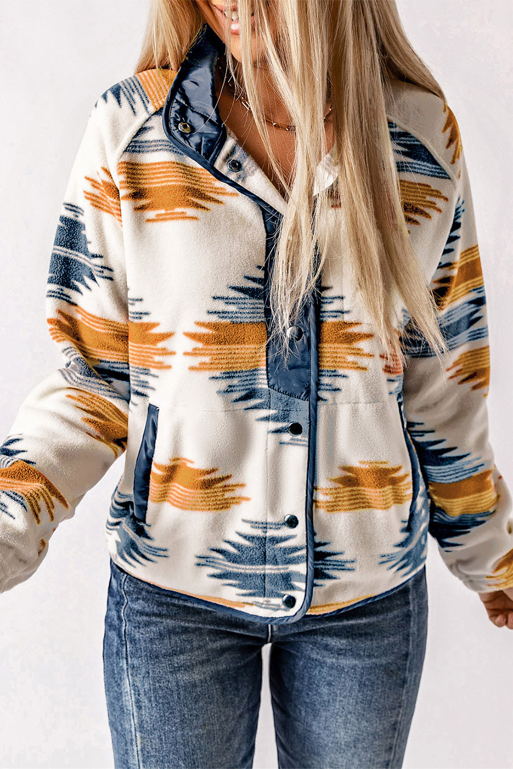 Geometric Snap Button Long Sleeve Jacket-Angel Casuals