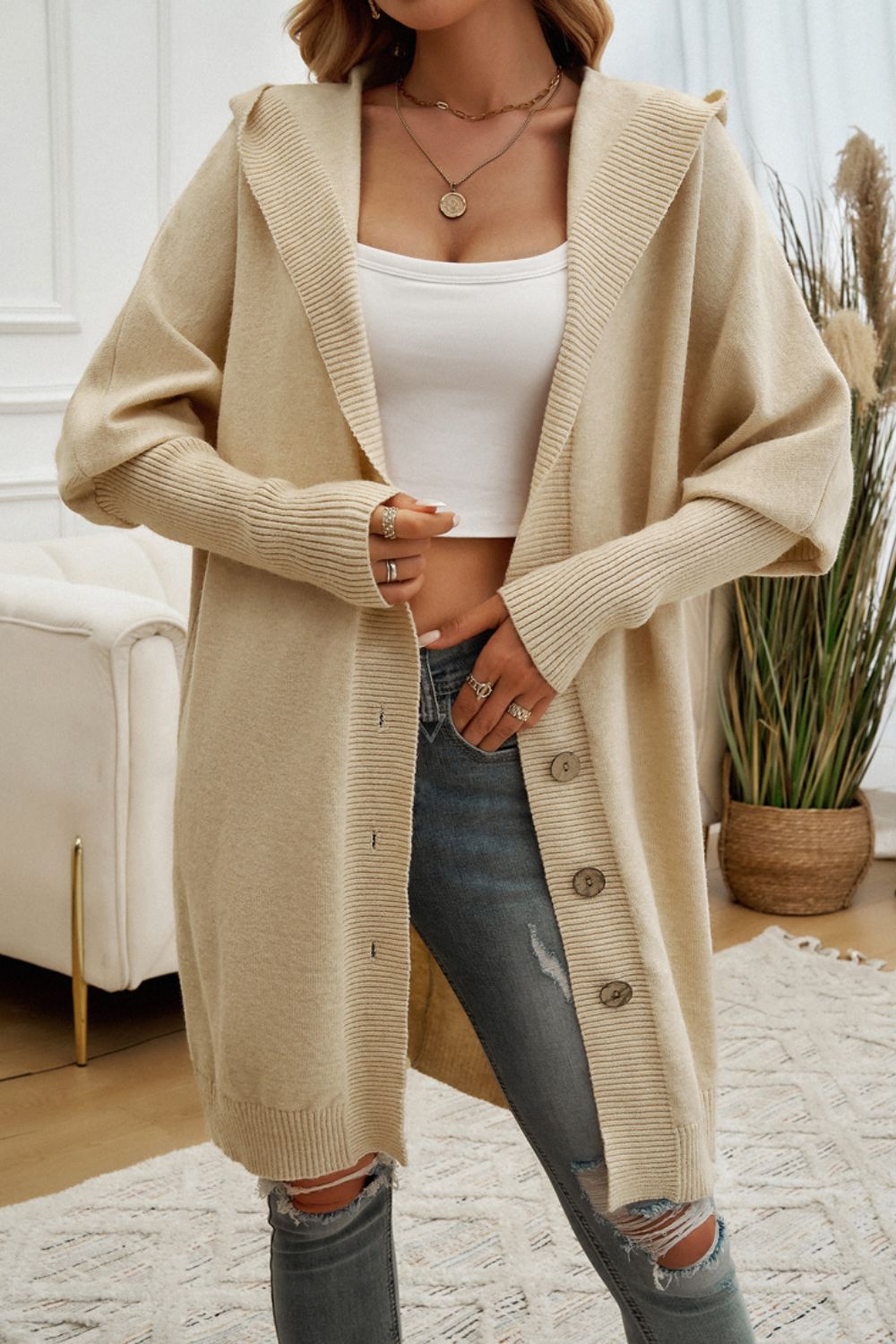 Devine Button Up Long Sleeve Hooded Cardigan-Angel Casuals