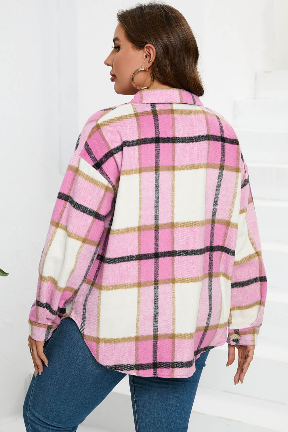 Plaid Button Up Dropped Shoulder Jacket-Angel Casuals