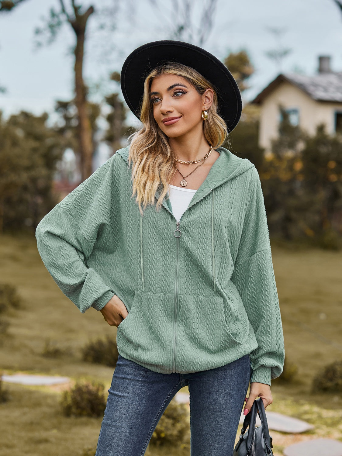 Zip Up Drawstring Long Sleeve Hooded Jacket-Angel Casuals