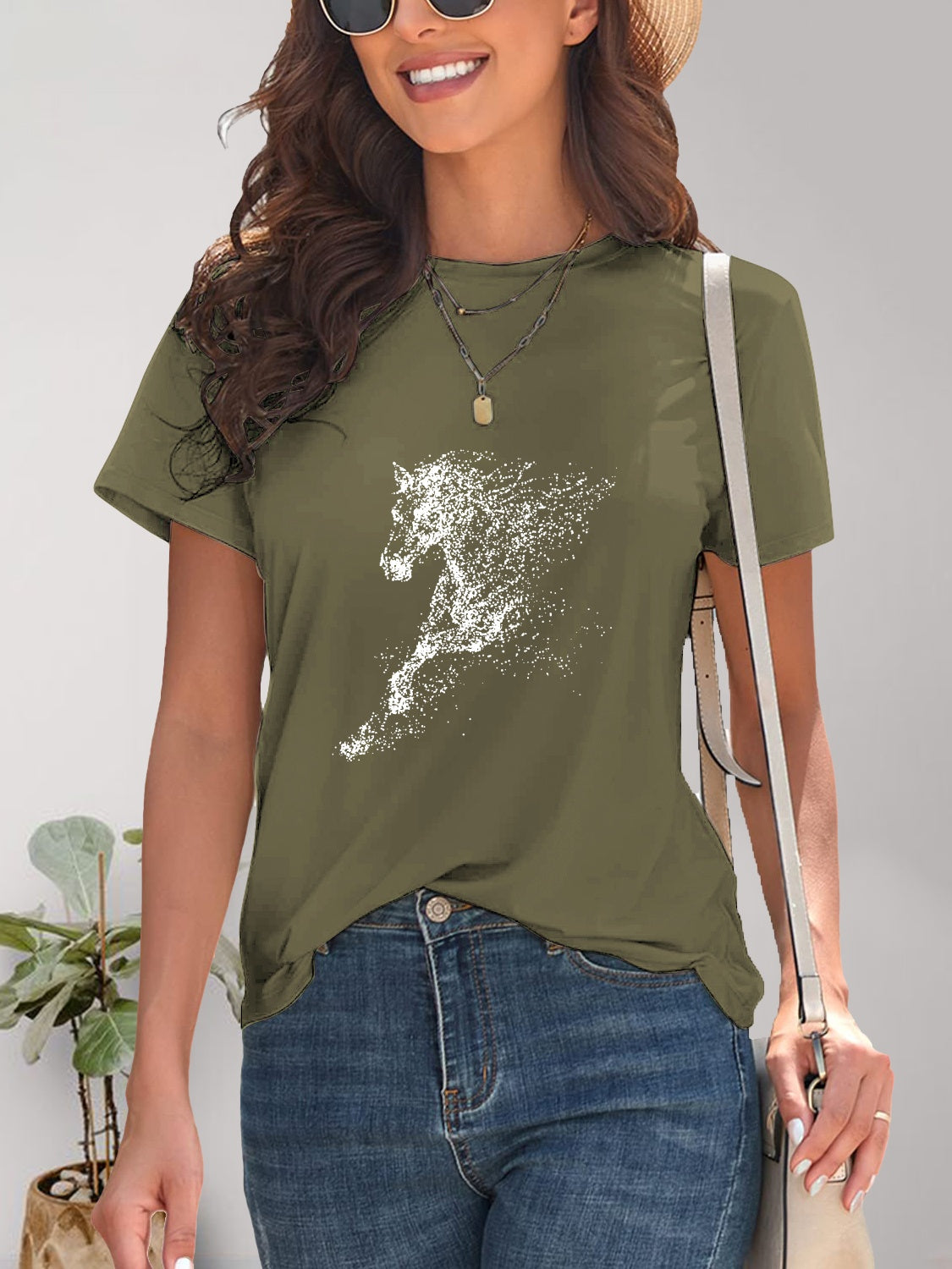 Horse Round Neck Short Sleeve T-Shirt-Angel Casuals