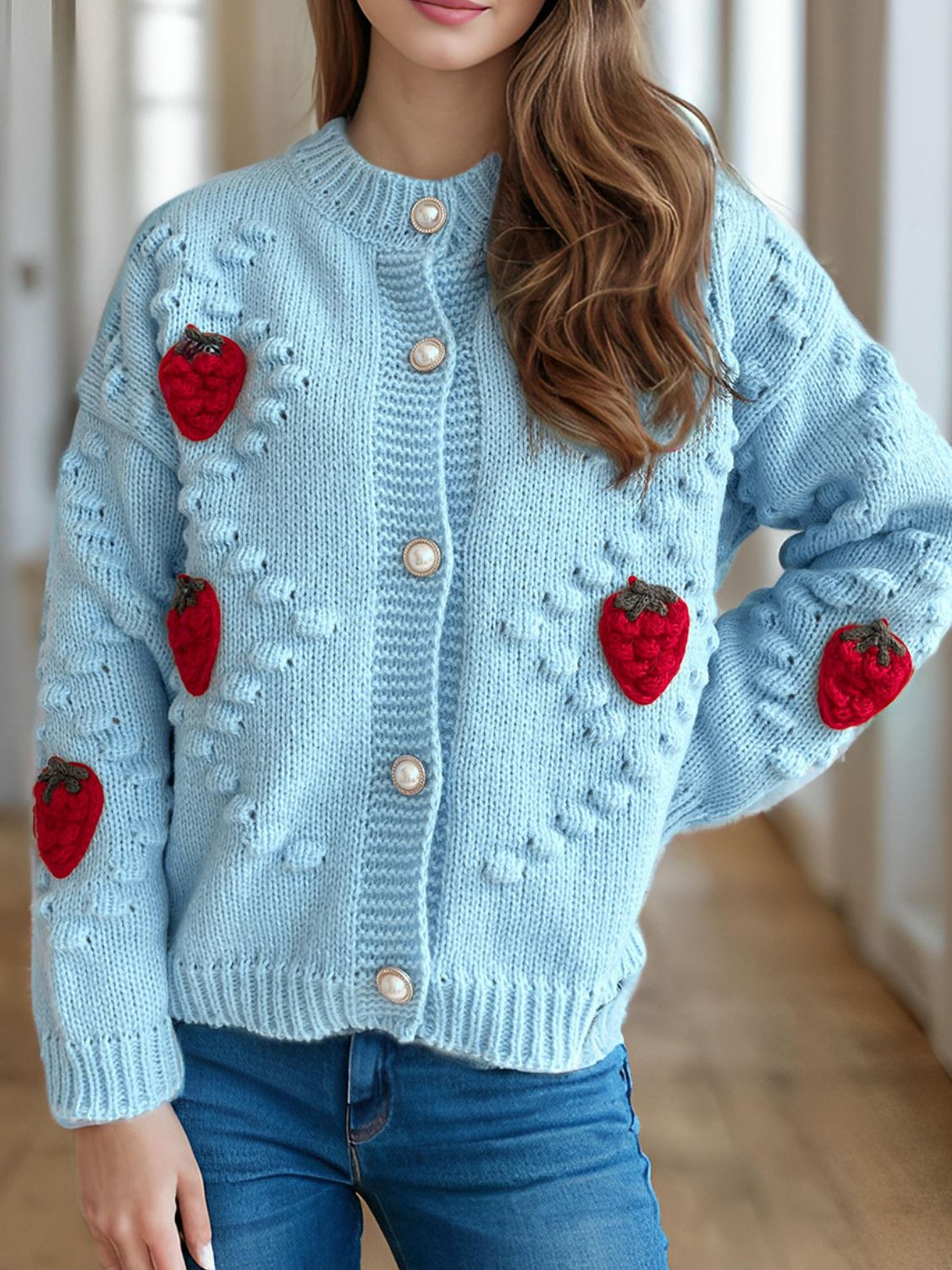 Strawberry Button Down Long Sleeve Cardigan-Angel Casuals