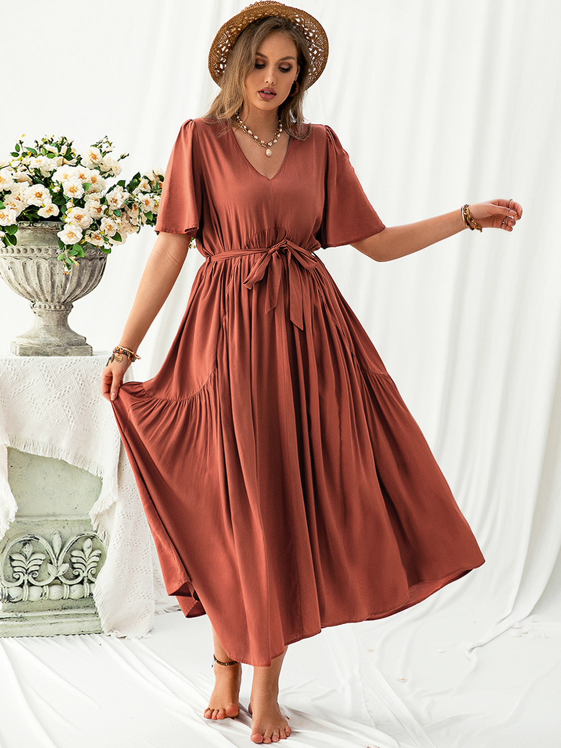 Plus Size V-Neck Flutter Sleeve Midi Dress-Angel Casuals