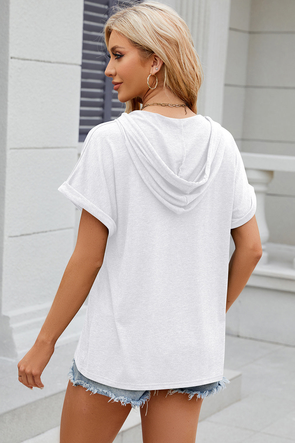 Half Button Drawstring Short Sleeve Hooded T-Shirt-Angel Casuals