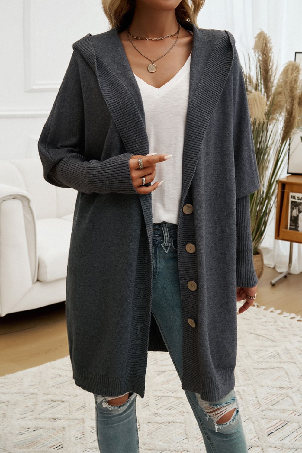 Devine Button Up Long Sleeve Hooded Cardigan-Angel Casuals
