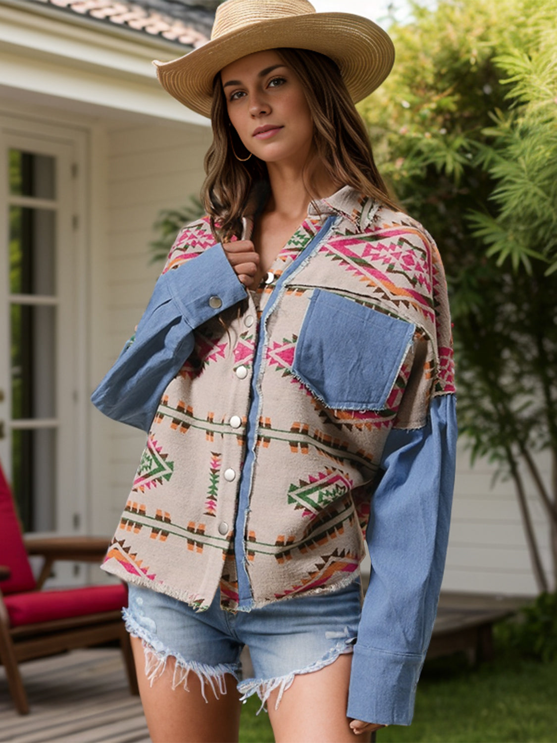 Raw Hem Geometric Collared Neck Shacket-Angel Casuals