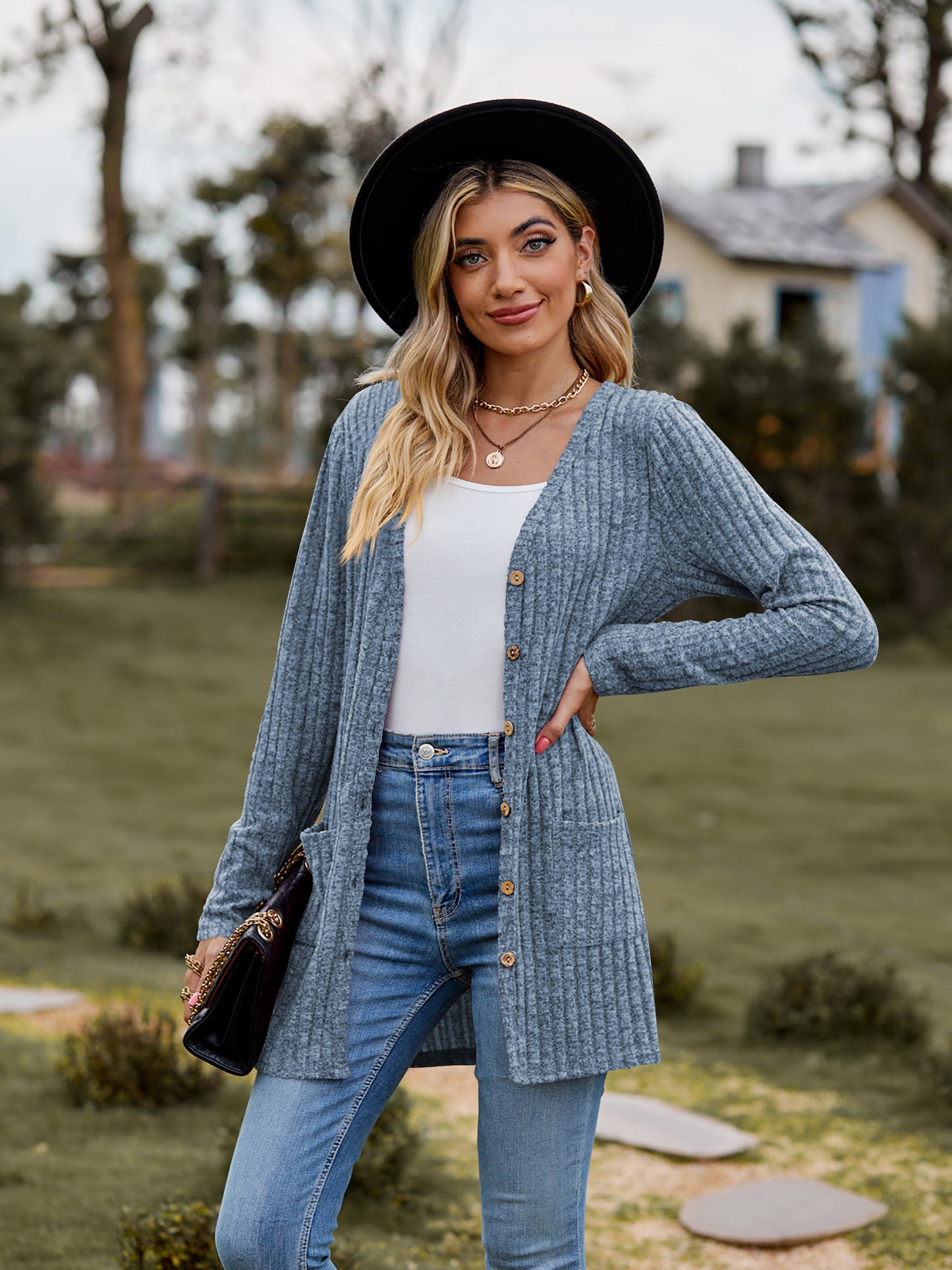Ribbed Button-Up Cardigan with Pockets-Angel Casuals
