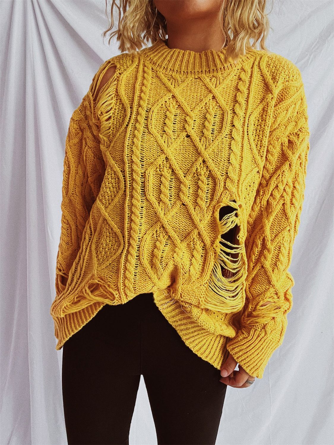 Distressed Cable-Knit Round Neck Long Sleeve Sweater-Angel Casuals