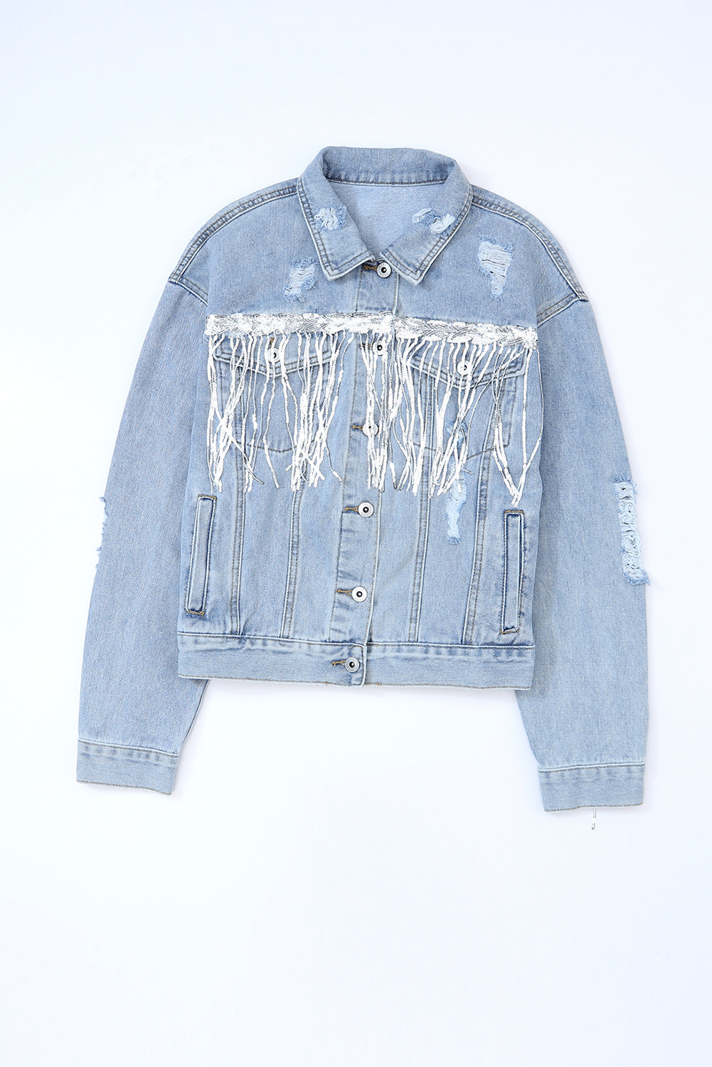 Sequin Fringe Trim Distressed Button Up Denim Jacket-Angel Casuals