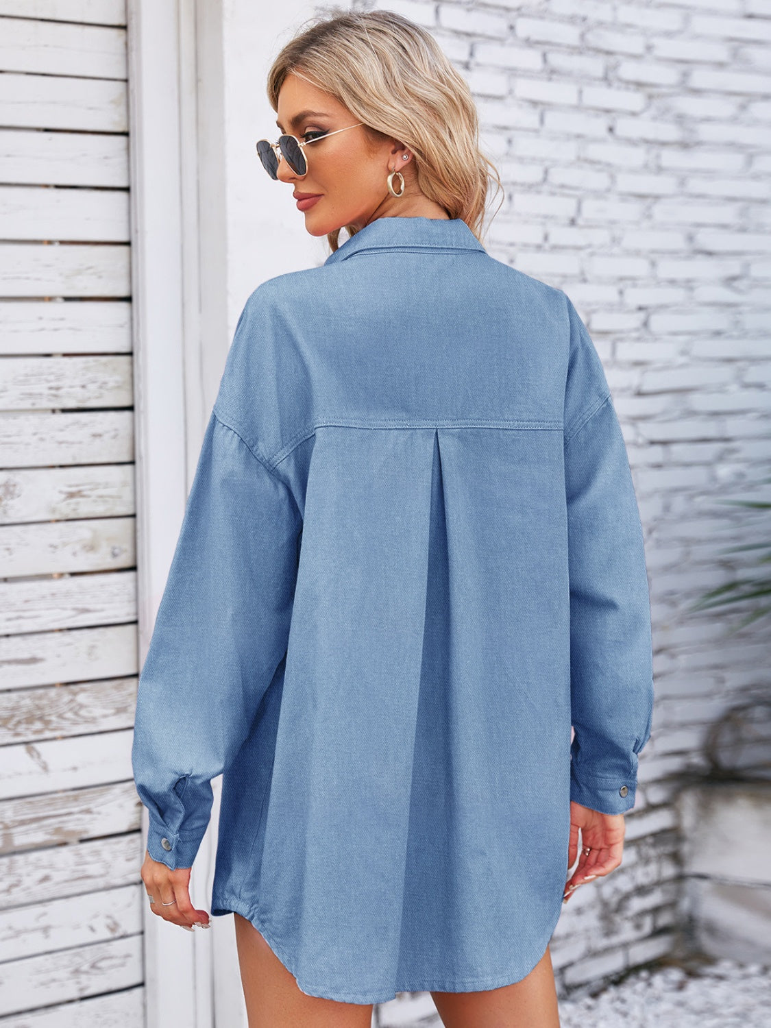 Pocketed Snap Down Dropped Shoulder Denim Shacket-Angel Casuals