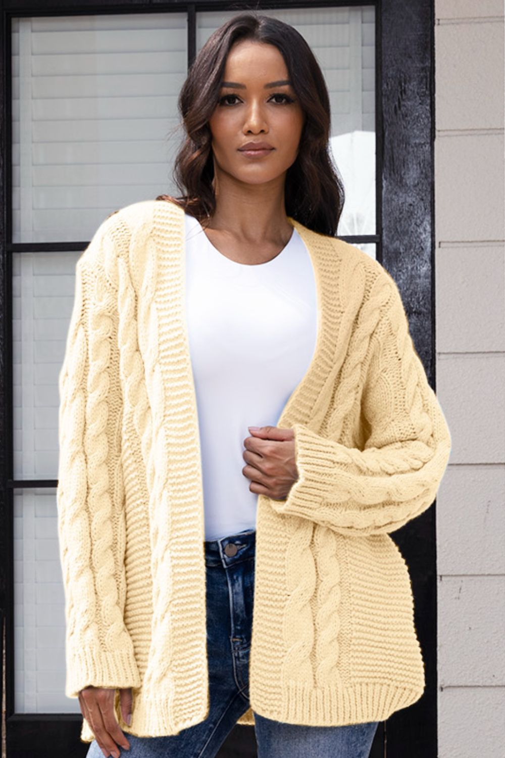 Open Front Cable-Knit Cardigan-Angel Casuals