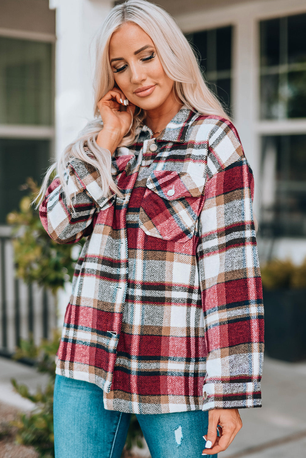 Double Take Plaid Button Front Shirt Jacket with Breast Pockets-Angel Casuals