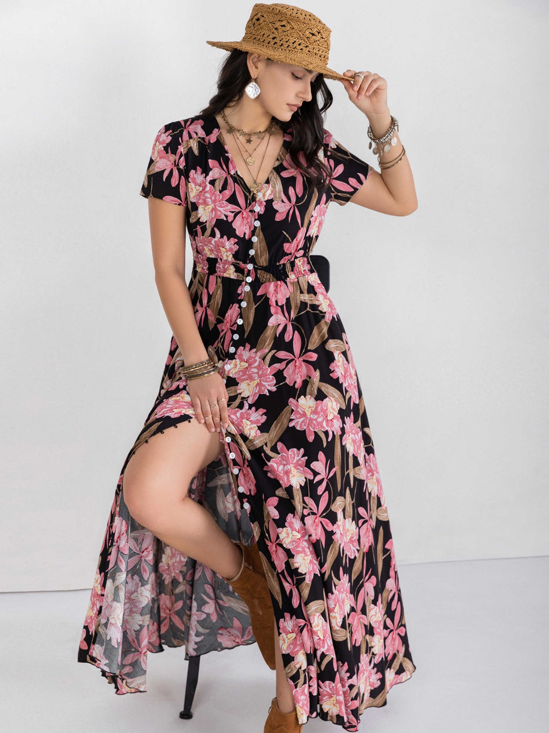 Floral V-Neck Slit Dress-Angel Casuals