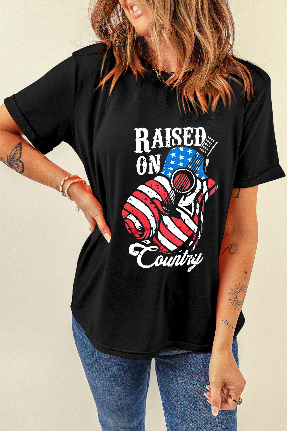 RAISED ON COUNTRY Round Neck T-Shirt-Angel Casuals