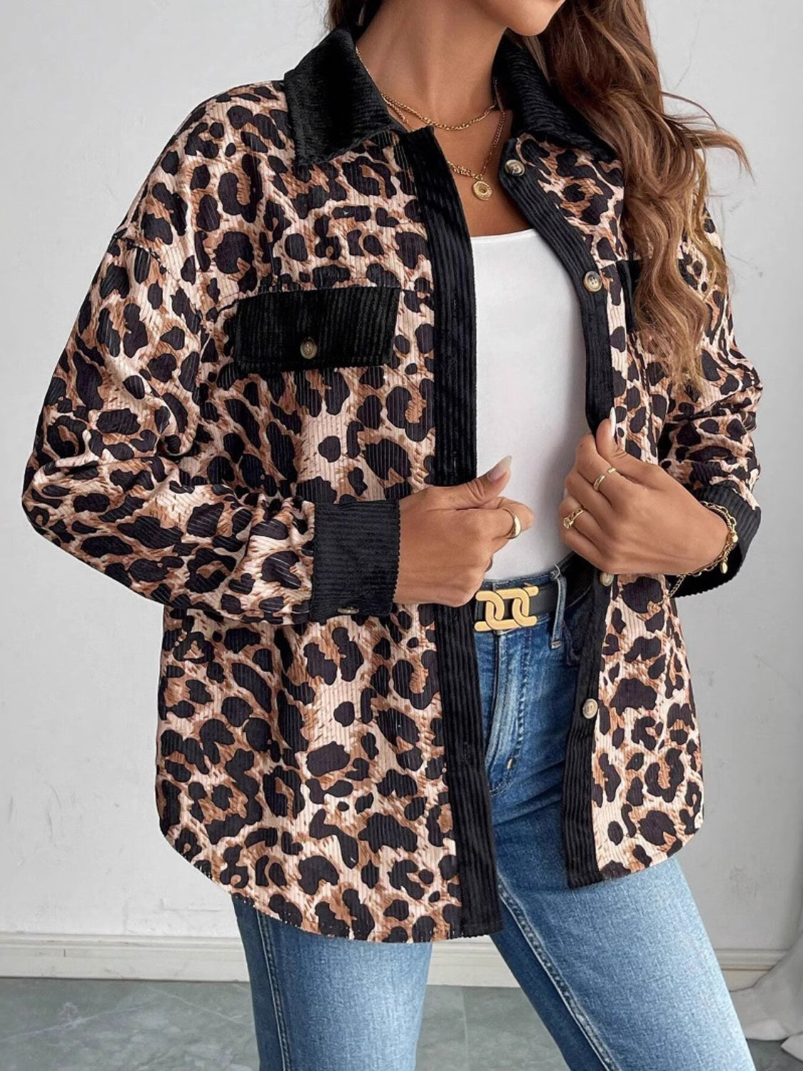 Leopard Collared Neck Button Up Shacket-Angel Casuals