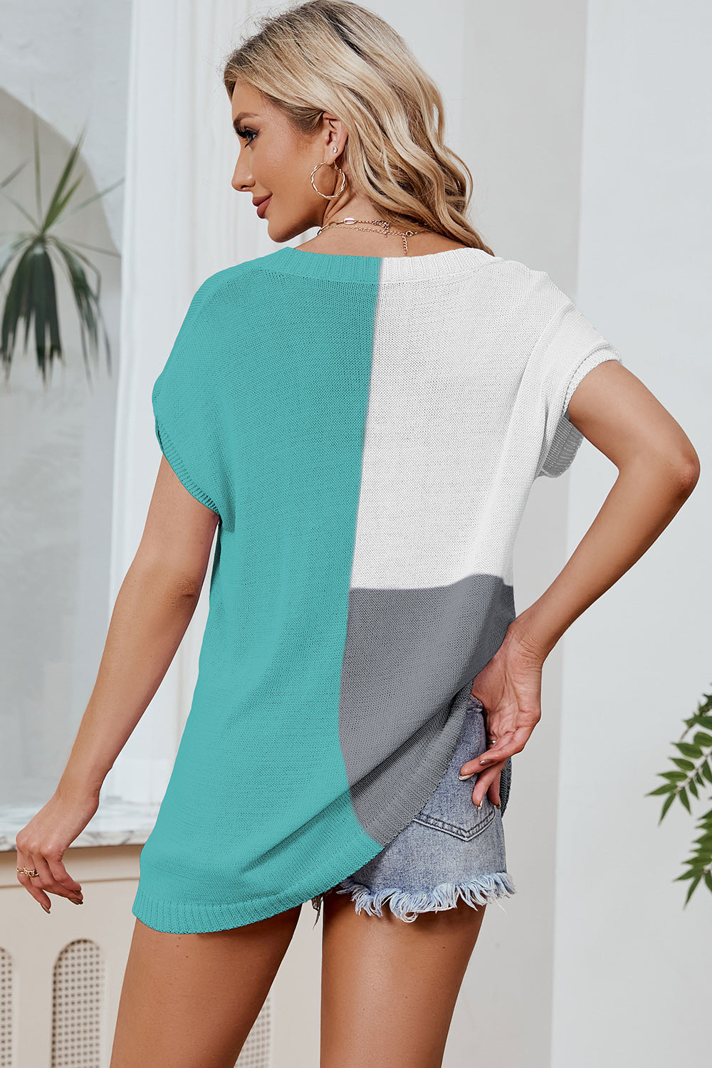 Color Block V-Neck Short Sleeve Knit Top-Angel Casuals