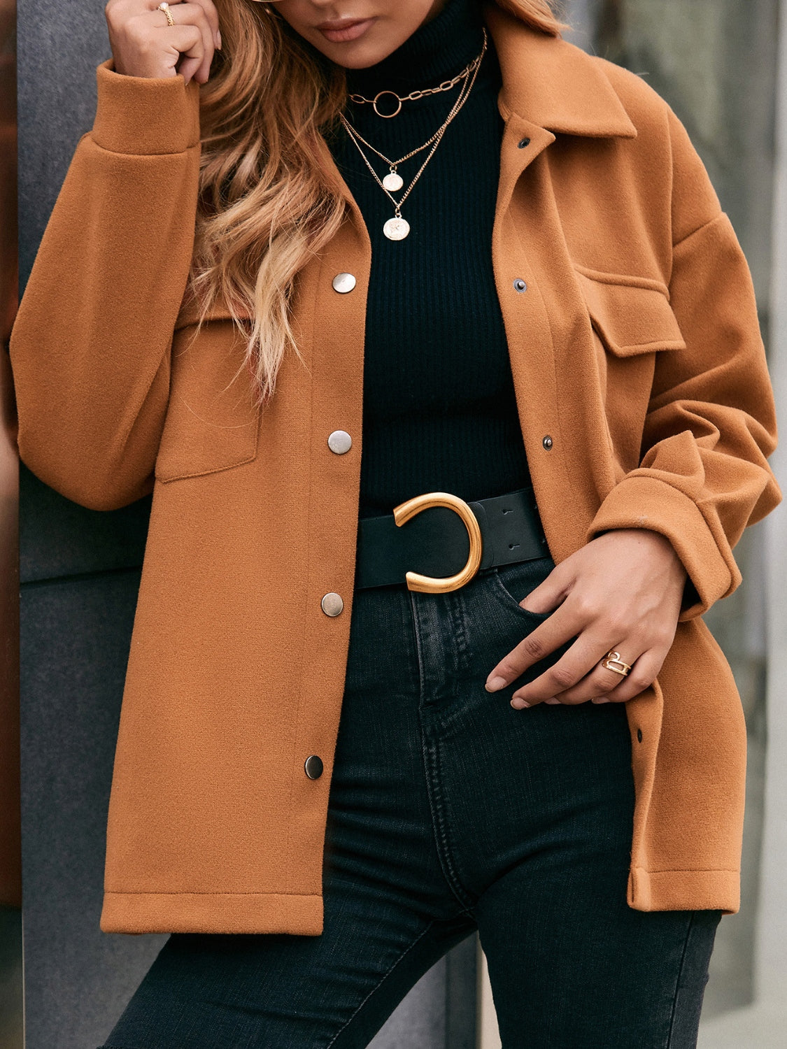 Ivy Lane Pocketed Snap Down Dropped Shoulder Jacket-Angel Casuals