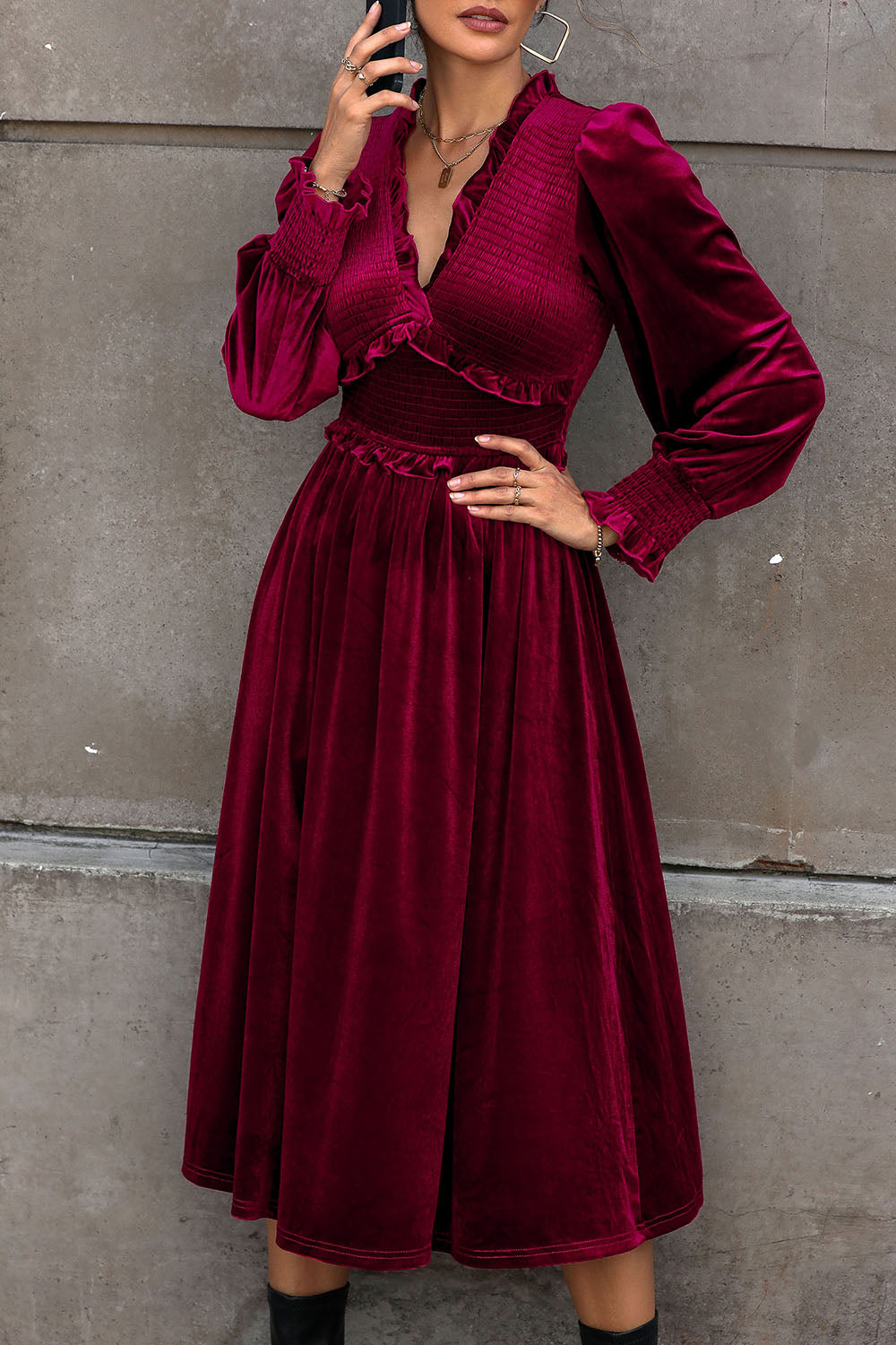 Smocked Lantern Sleeve Midi Dress-Angel Casuals