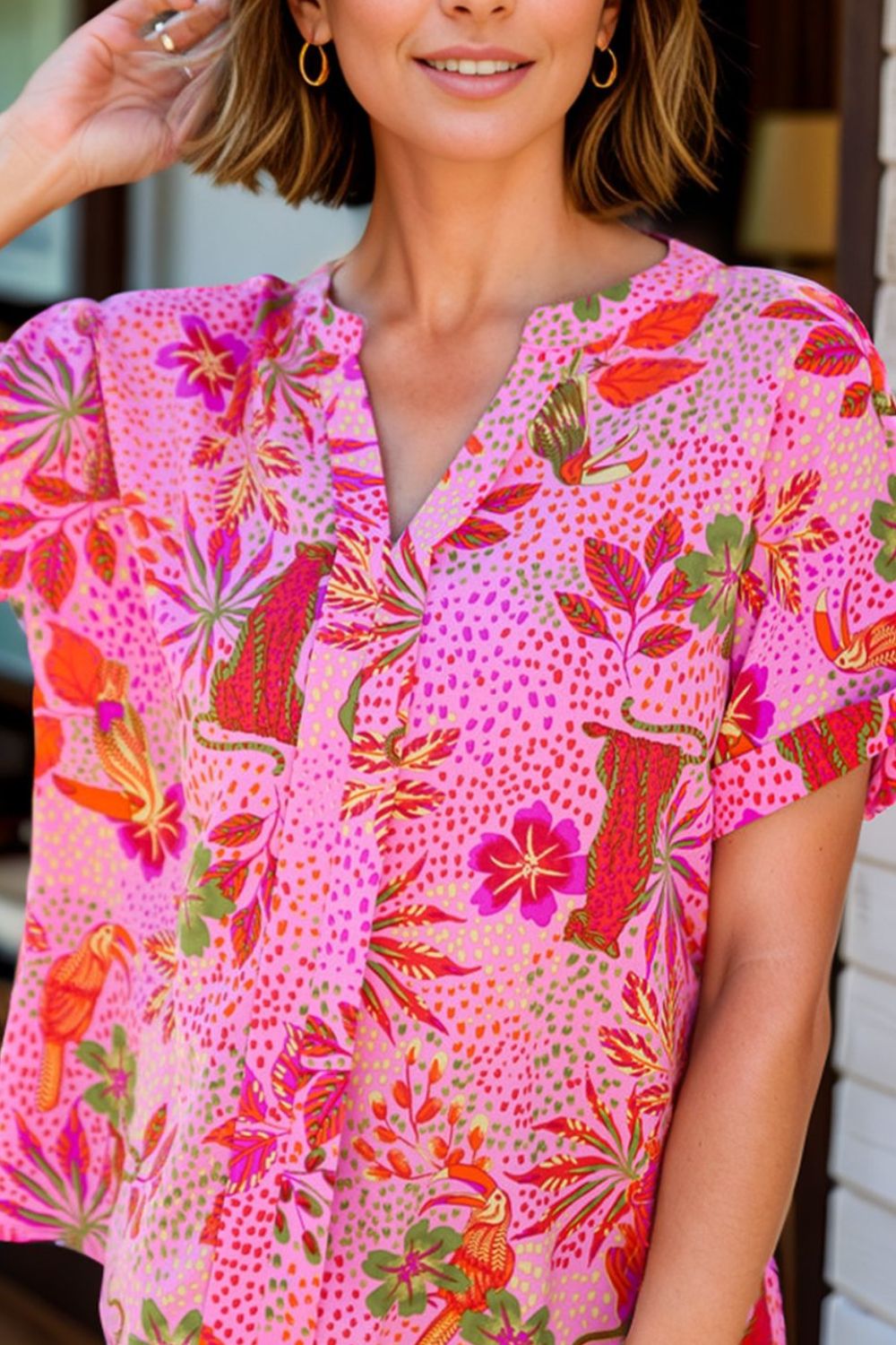Printed Notched Short Sleeve Top-Angel Casuals