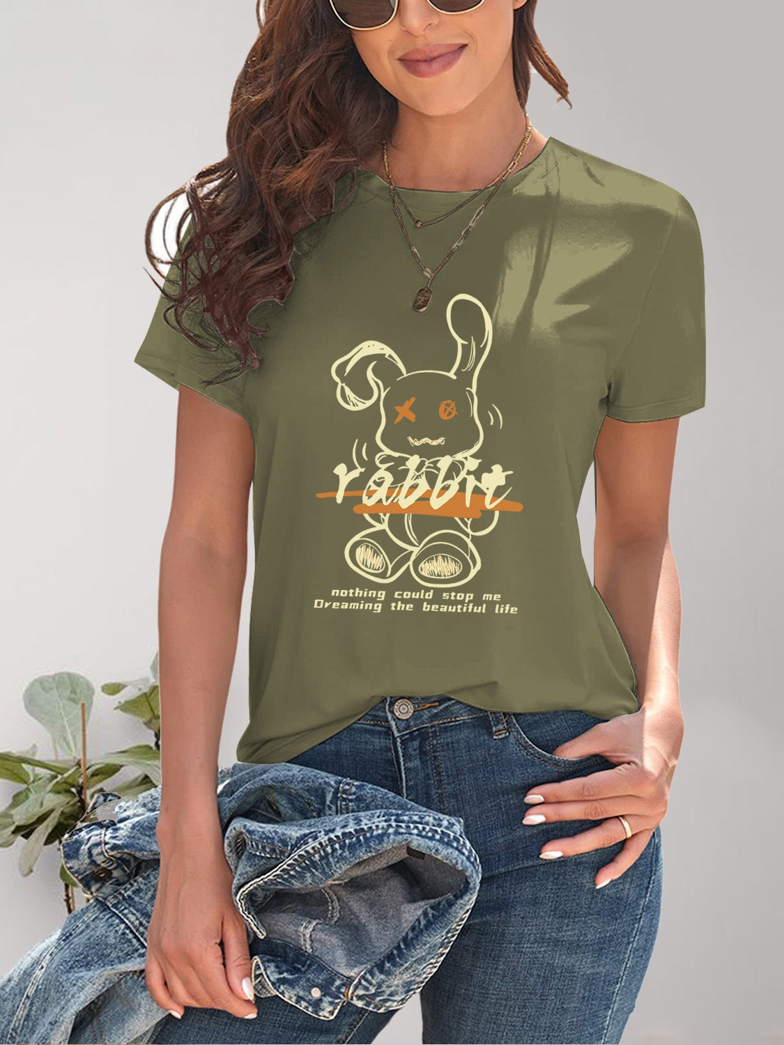 Rabbit Graphic Round Neck Short Sleeve T-Shirt-Angel Casuals