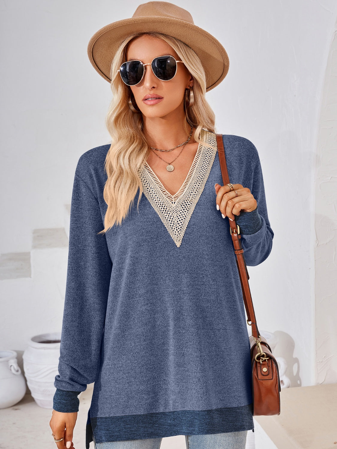 Crochet Contrast V-Neck Long Sleeve Slit T-Shirt-Angel Casuals