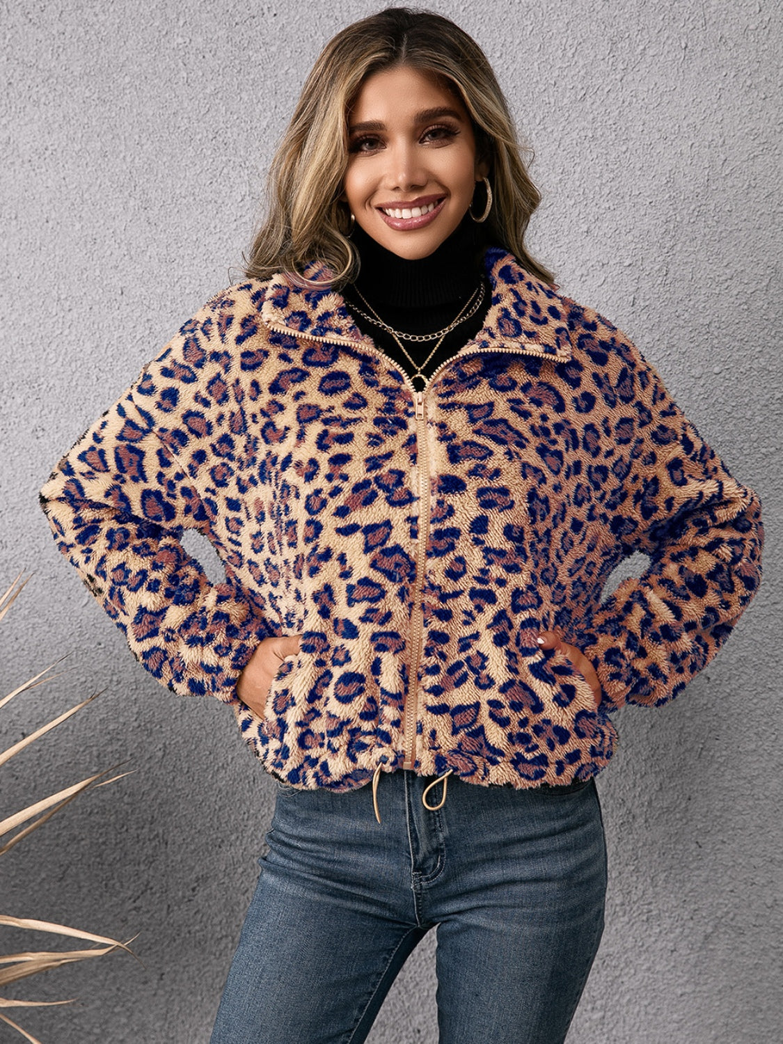 Ivy Lane Drawstring Leopard Zip Up Jacket-Angel Casuals
