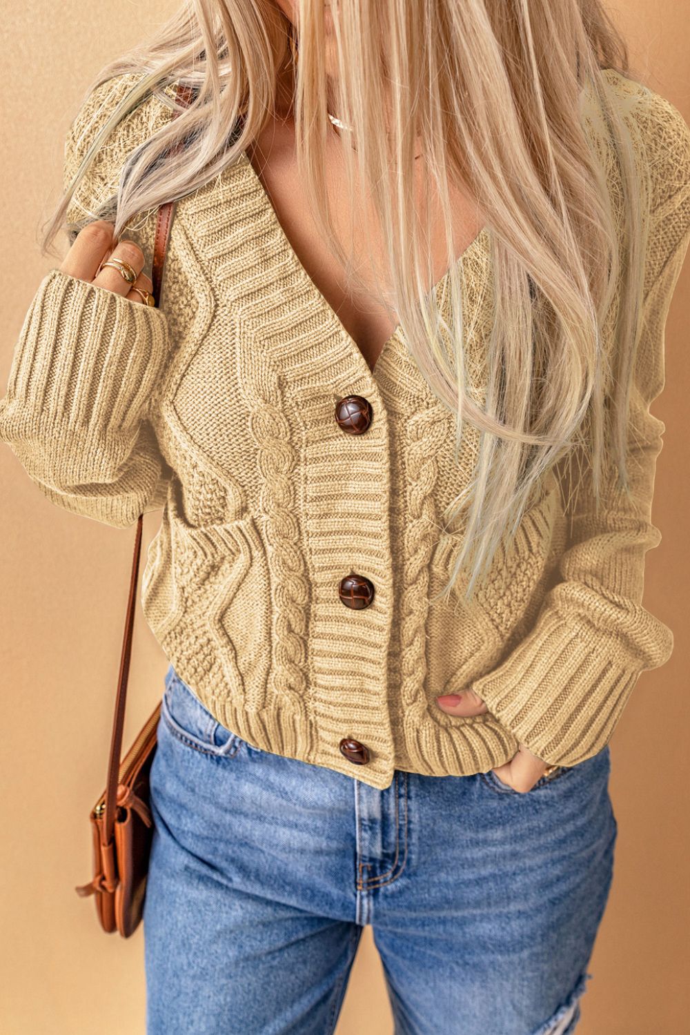 Cable-Knit Button Down V-Neck Cardigan-Angel Casuals