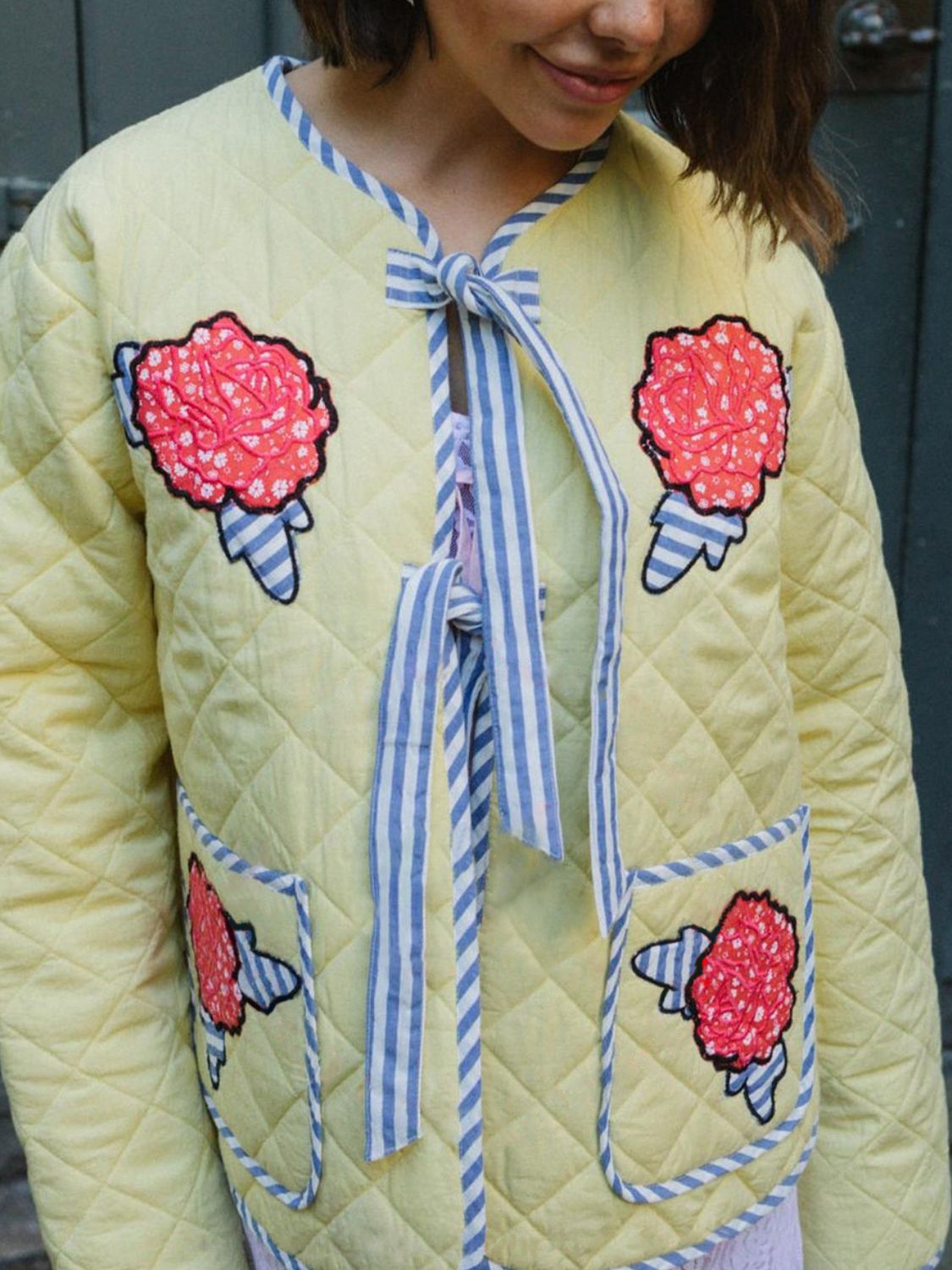 Embroidered Flower Tied Long Sleeve Winter Coat-Angel Casuals