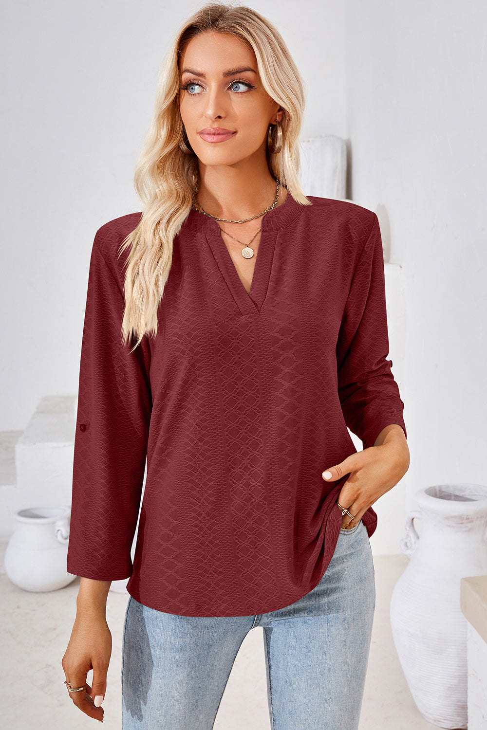 Notched Roll-Tab Sleeve T-Shirt-Angel Casuals