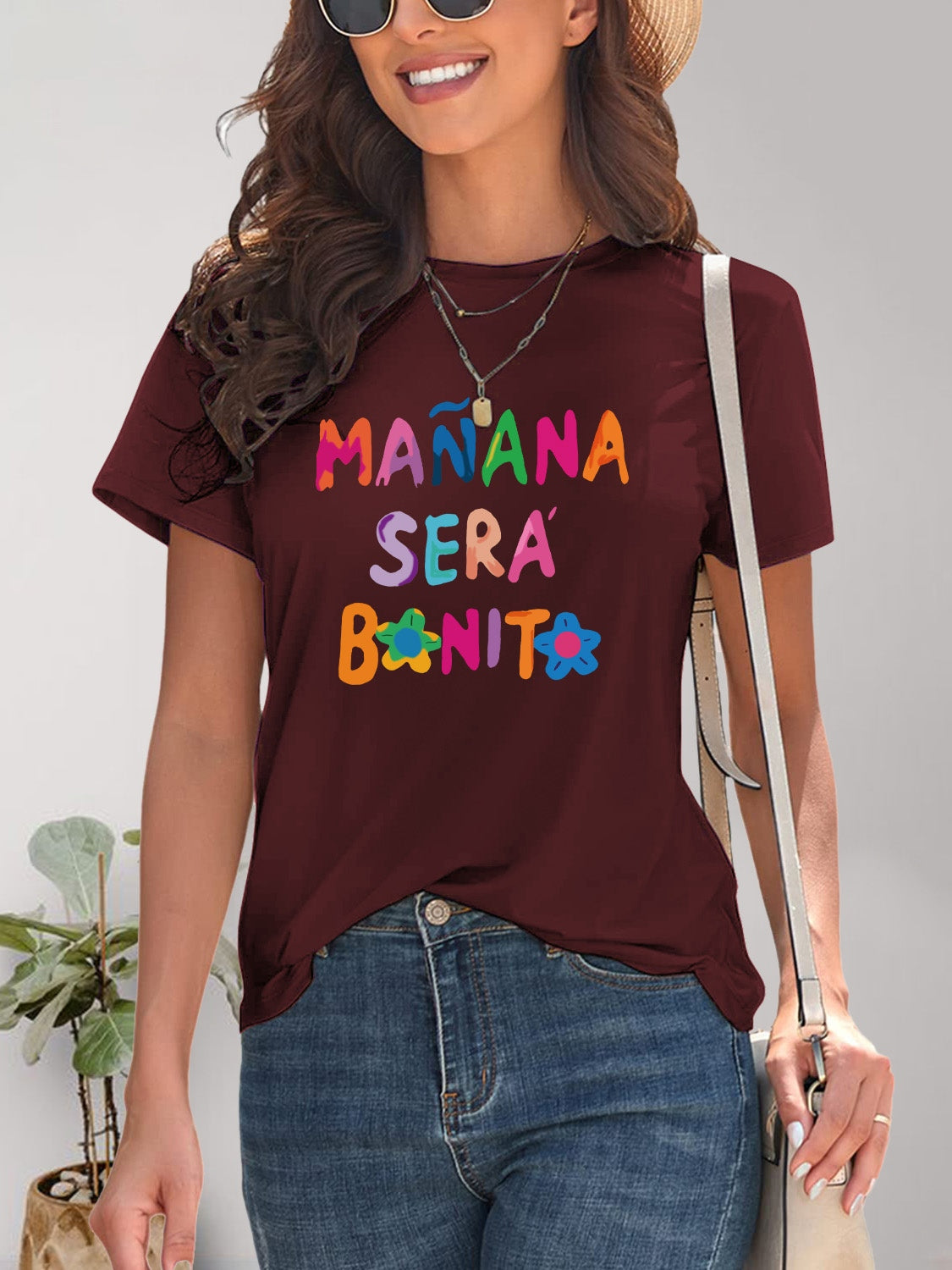 Letter Graphic Round Neck Short Sleeve T-Shirt-Angel Casuals