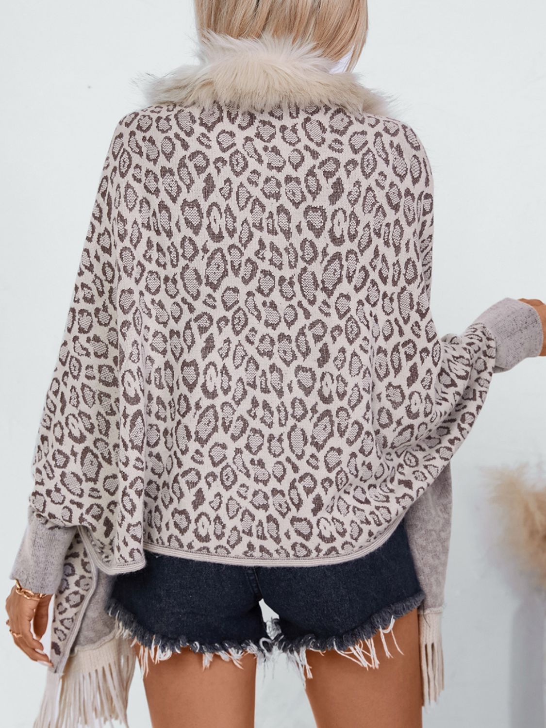 Fringe Leopard Open Front Long Sleeve Poncho-Angel Casuals