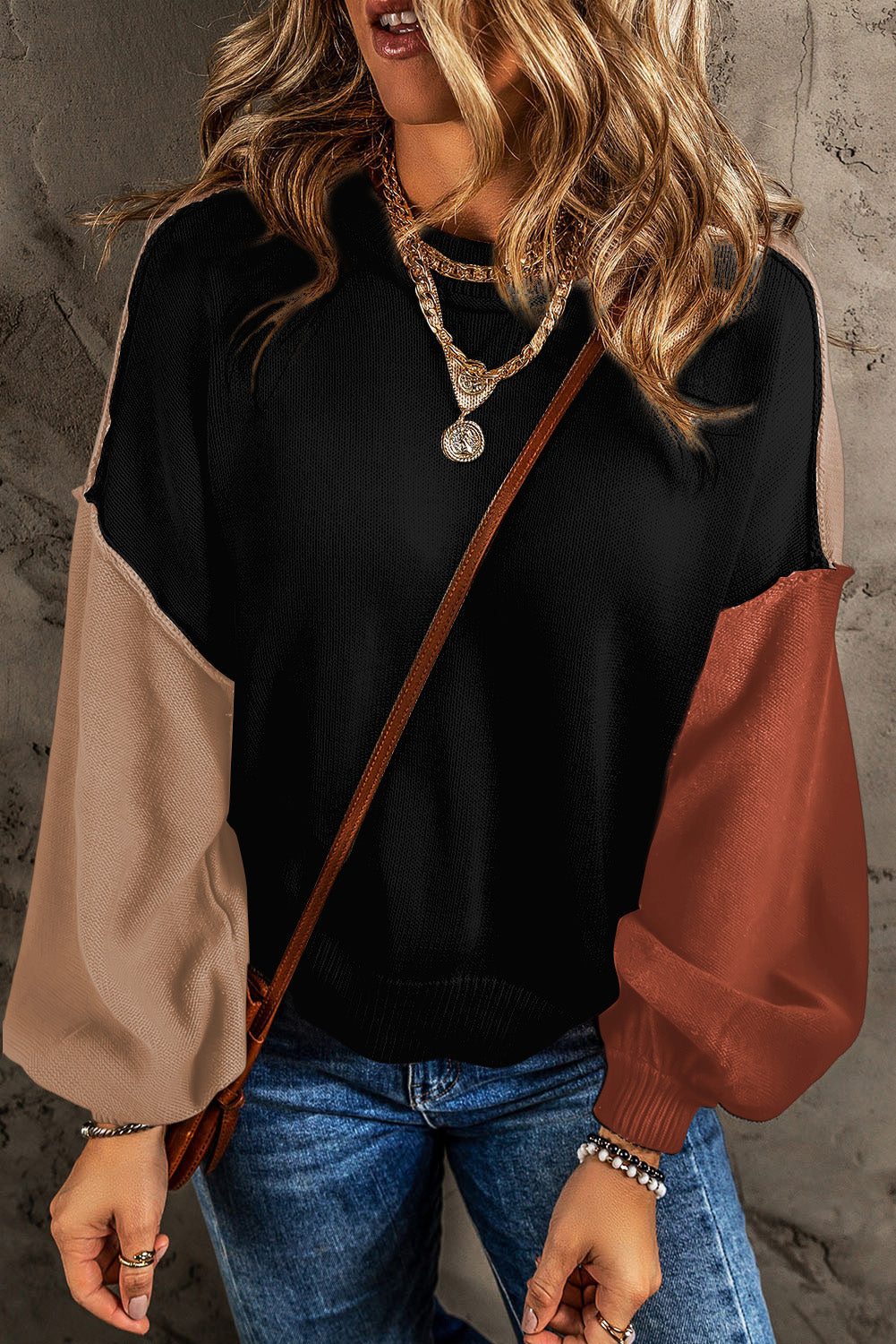 Contrast Round Neck Dropped Shoulder Sweater-Angel Casuals