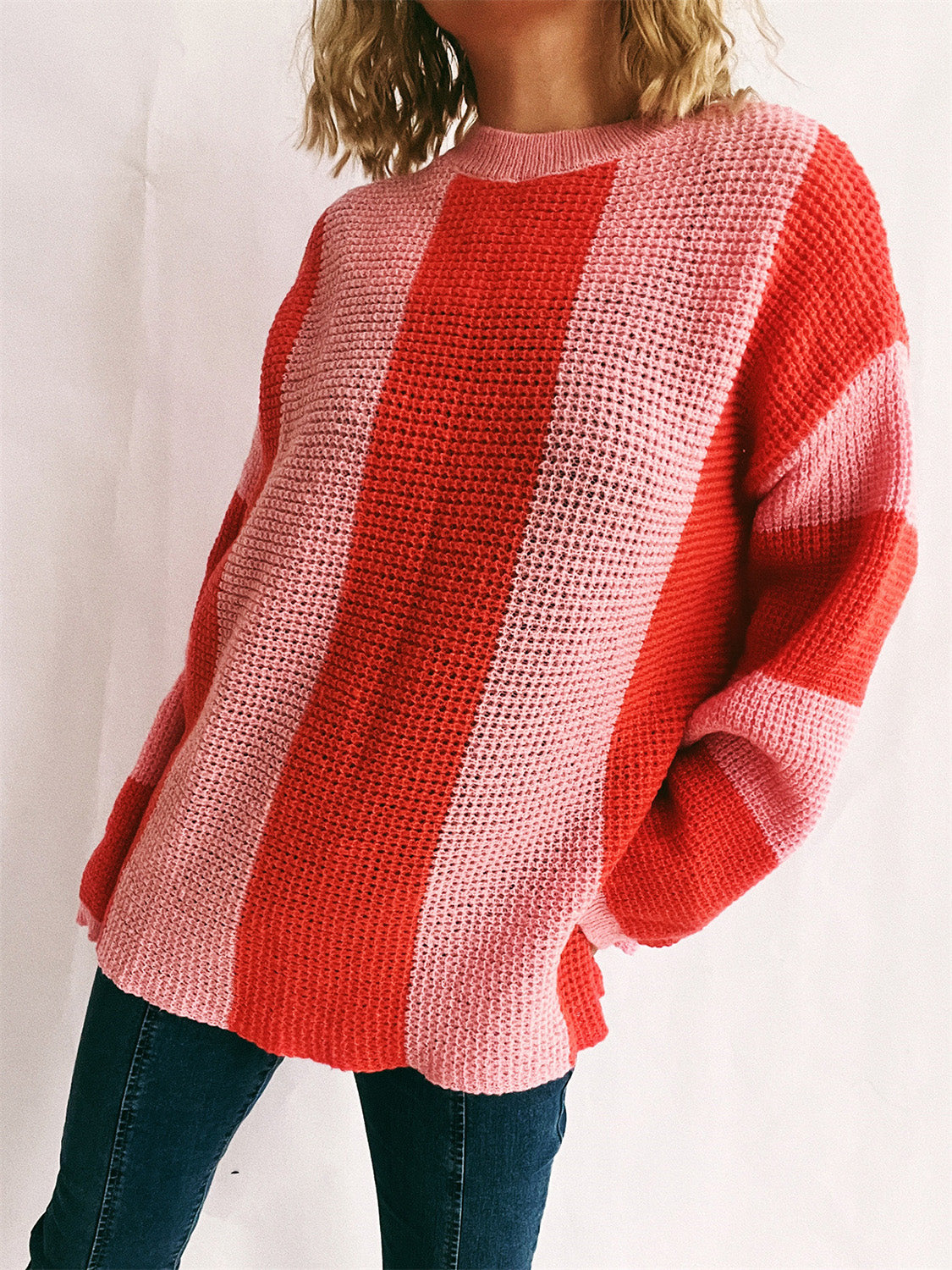 Color Block Round Neck Long Sleeve Sweater-Angel Casuals