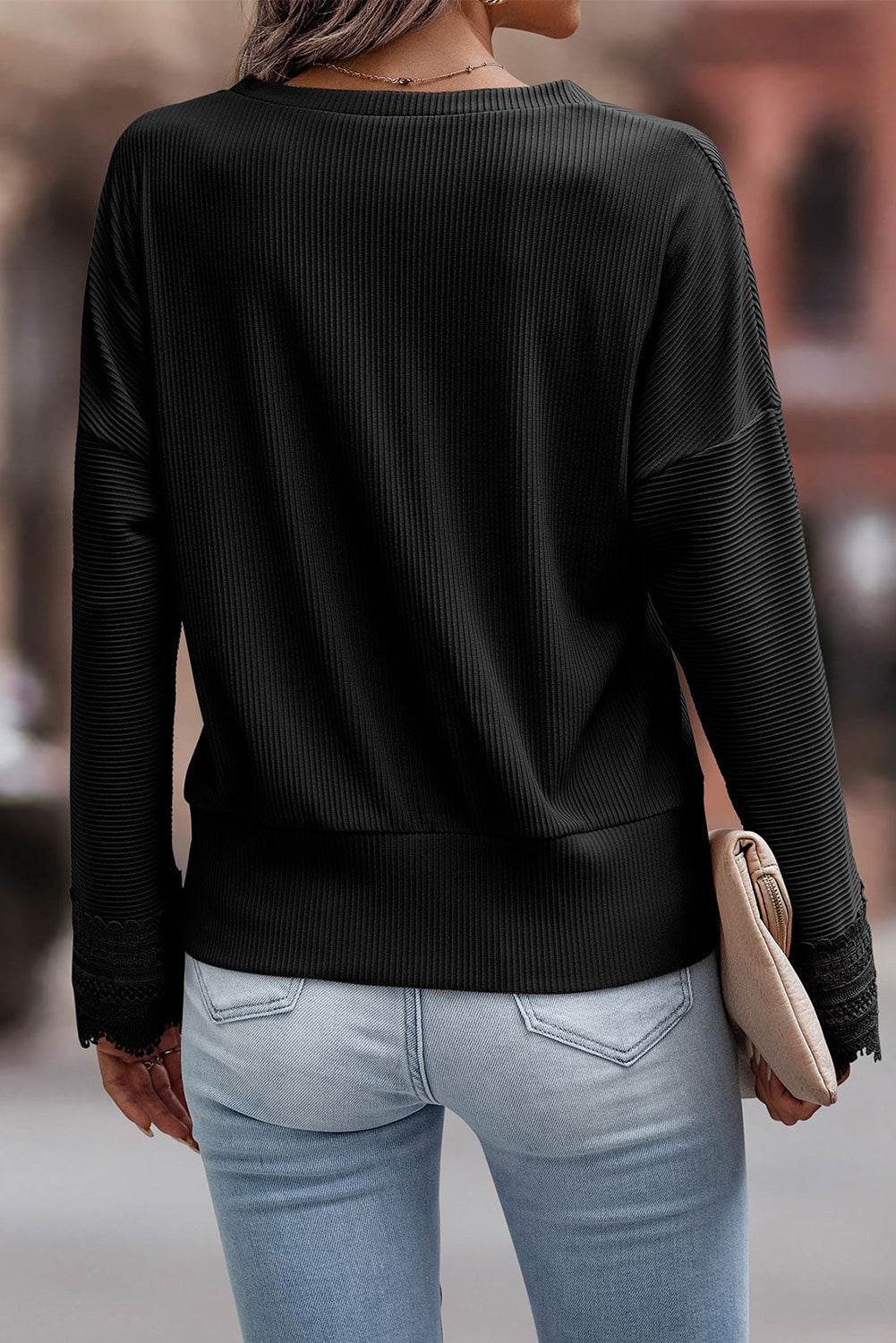 Lace Detail V-Neck Long Sleeve T-Shirt-Angel Casuals