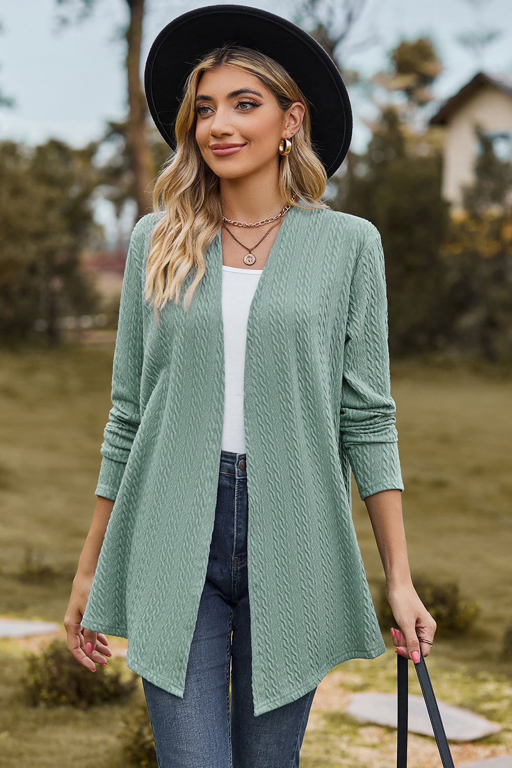 Textured Open Front Long Sleeve Cardigan-Angel Casuals
