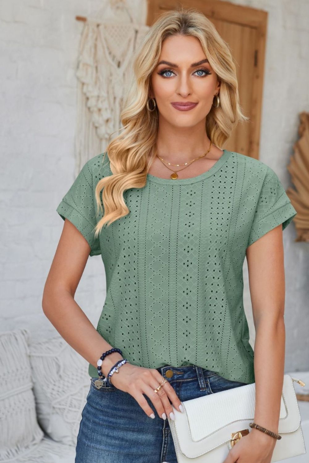 Eyelet Round Neck Rolled Short Sleeve T-Shirt-Angel Casuals