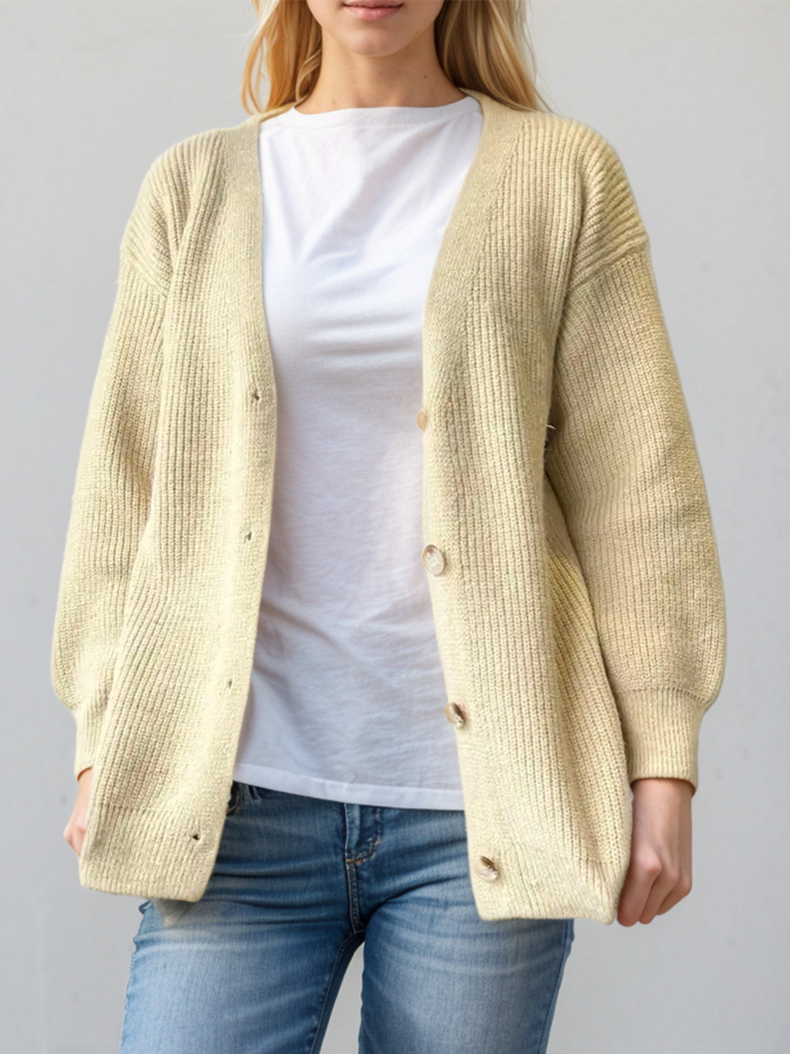 Button Down V-Neck Long Sleeve Cardigan-Angel Casuals