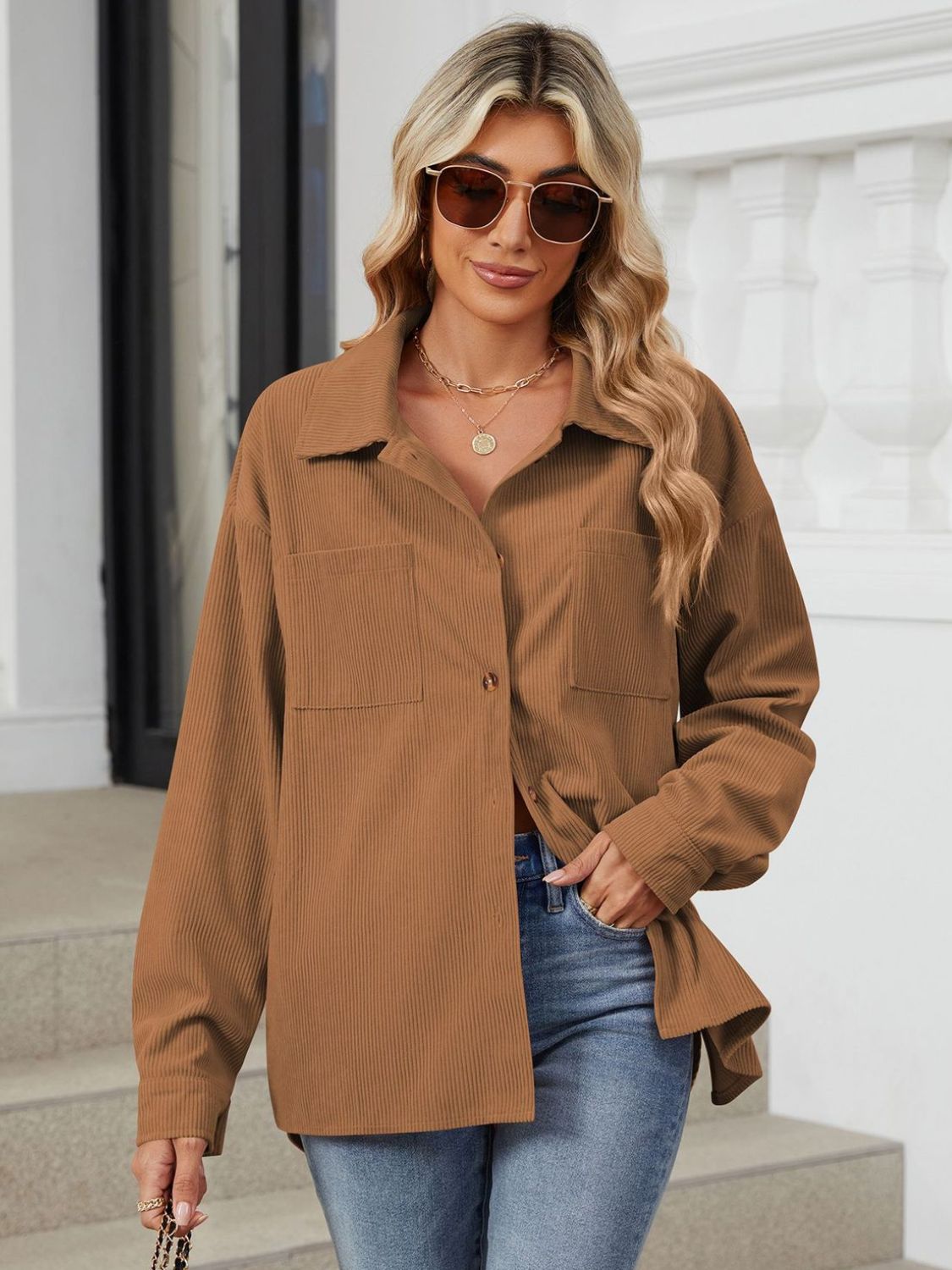 Button Up Dropped Shoulder Long Sleeve Outerwear-Angel Casuals