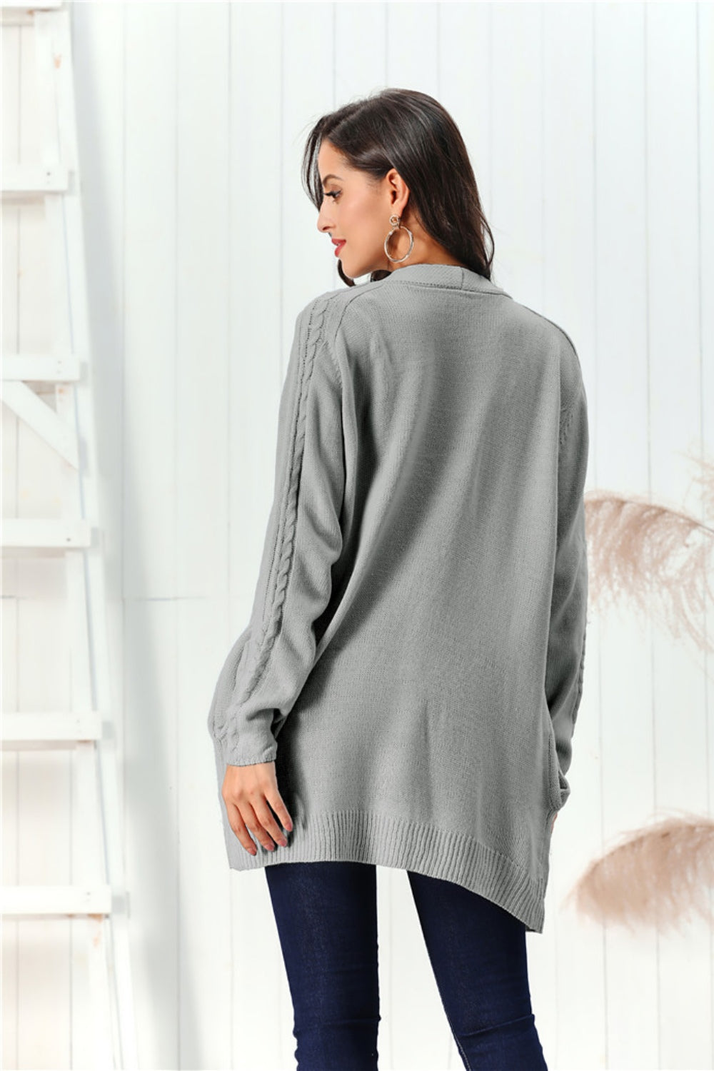 Cable-Knit Open Front Long Sleeve Cardigan-Angel Casuals