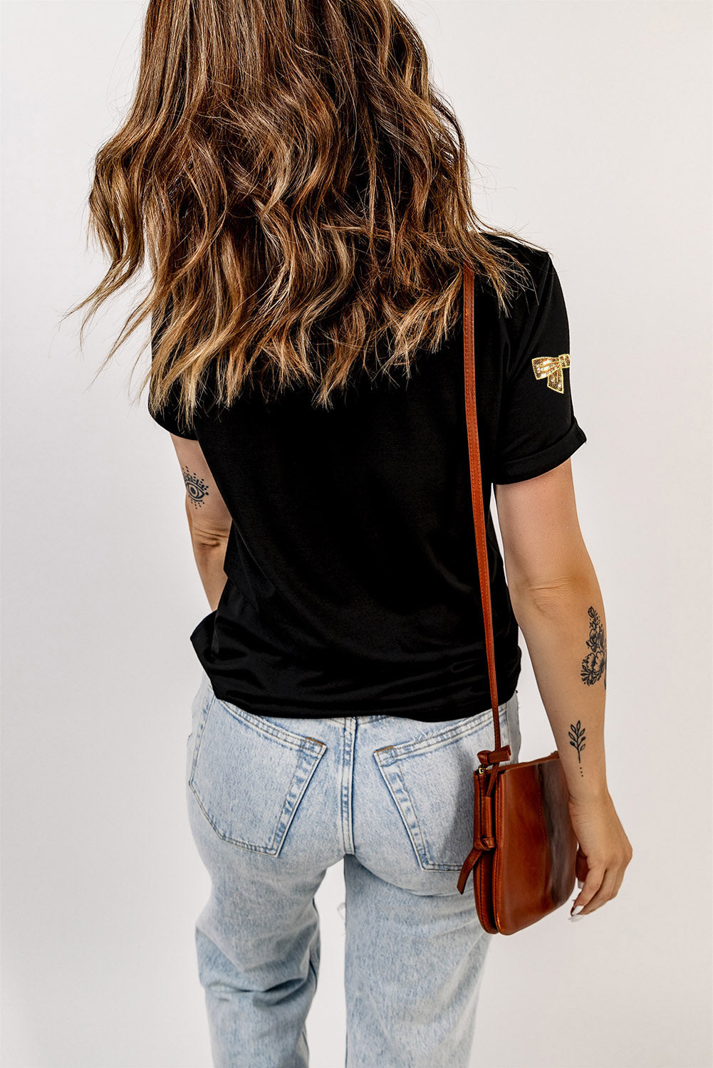 Bow Print Sequin Round Neck Short Sleeve T-Shirt-Angel Casuals