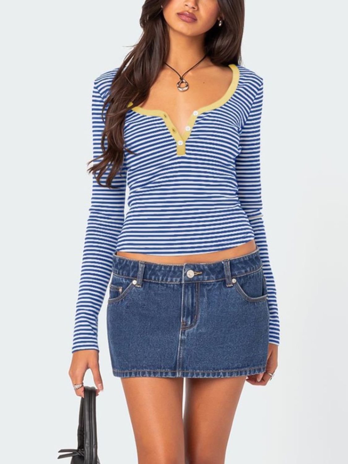 Buttoned Striped Long Sleeve T-Shirt-Angel Casuals